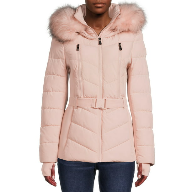 . Women's and Plus Belted Puffer Coat with Faux Fur Hood 