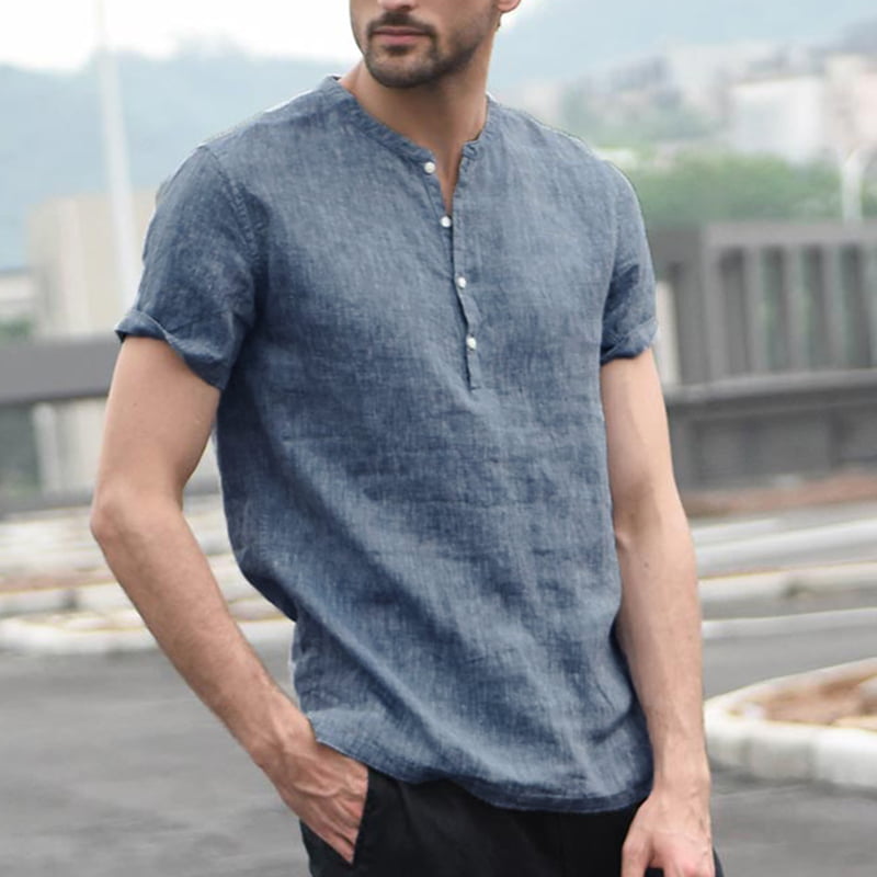Men Linen Cotton 3/4 Sleeve Shirt Check Ethnic Mandarin Collar Top Blouse Casual 