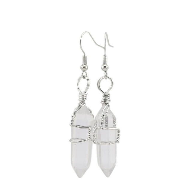 Nvzi Pendientes colgantes con forma de pilar hexagonal envueltos en hilo plateado y cristal de piedra natural Nvzi (blanco)