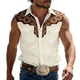 thumbnail image 2 of Mens Shirts Western Cowboy Print Geometric Sleeveless Summer Casual Button Down Collar Top Outdoor Music Festival Beige Shirt, 2 of 4