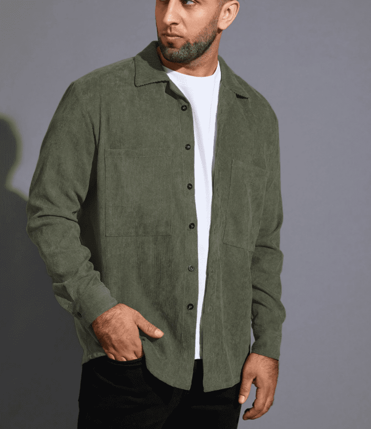 Mens Vintage Corduroy Shirts Long Sleeve Button Down Slim Fit Ribbed Fall Casual Warm Pocket Tops Jackets 