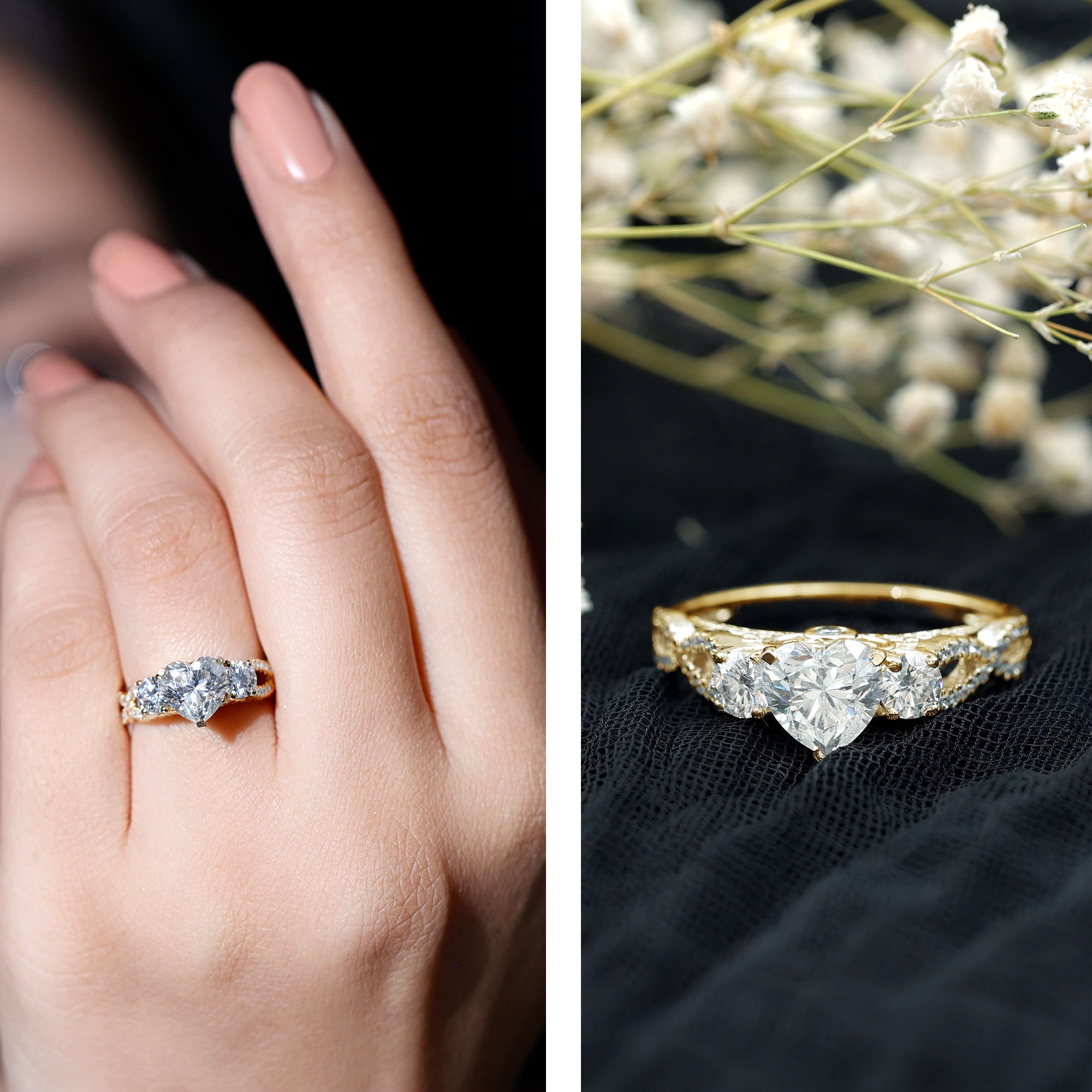 Rosec Jewels Heart Shape Moissanite Engagement Ring for Women - 7 mm - D-VS1 Quality Moissanite Statement Ring with Jewelry Box, 14K Yellow Gold, US 5.00