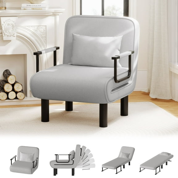 Furniliving 4 in 1 Convertible Sofa Bed, Folding Sleeper Chair Bed with 6-Position Adjustable Backrest & Pillow, Floor Single Chairs for Living Room, Bedroom, Office, Light Grey