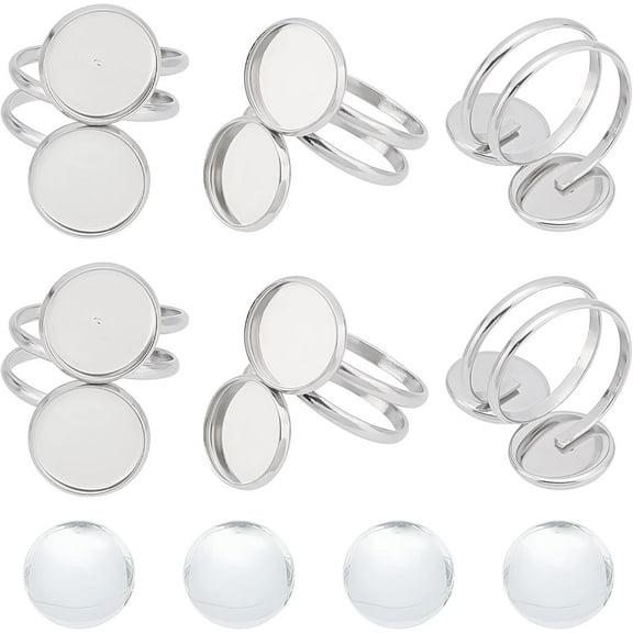 24Pcs DIY 8 Sets Ring Bezels Stainless Steel Ring Blanks Round Glass Cabochon Spiral Blank Bezel Rings Base Double Trays Pad Rings Settings Ring Set DIY