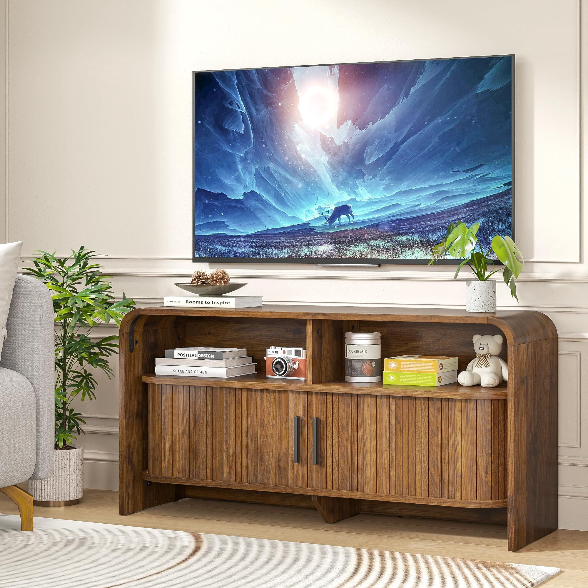 Mid-Century Modern TV Stand for 43 Inch TV, Fluted Wood Media Console with Sliding Doors, Walnut