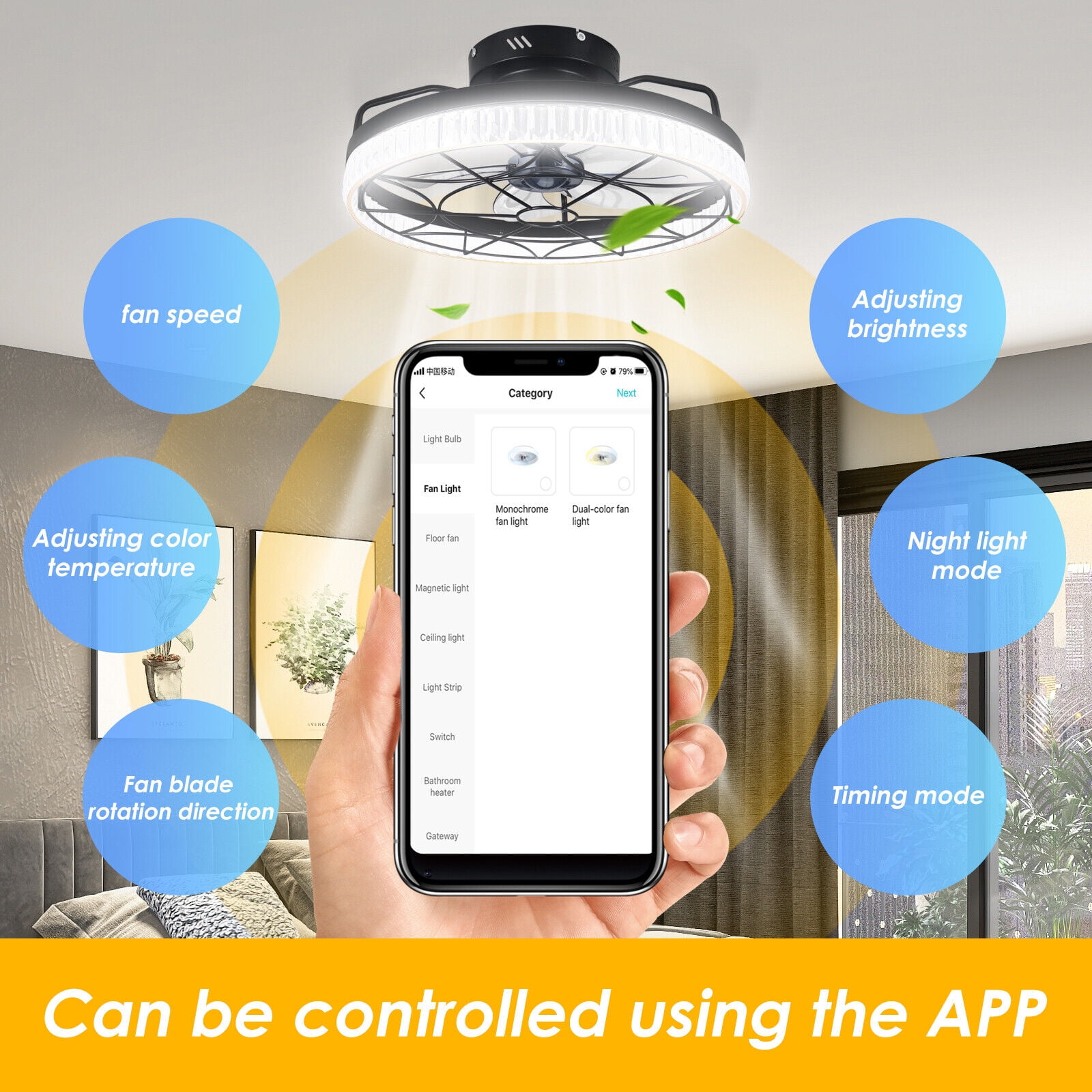 20" Small Caged Ceiling Fans with Lights and Remote & APP Control, Flush Mount Low Profile Ceiling Fan with Light, 5 Enclosed Blades, 6 Wind Speeds