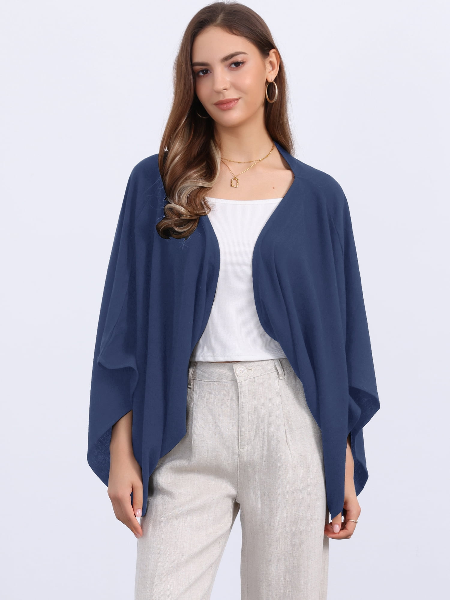 DARING DIVA Women's Linen Cardigan 3/4 Sleeve Open Front Lightweight Shrug M Dark Blue