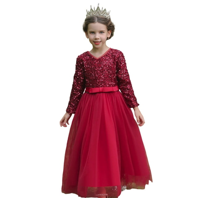 HXWCHs Robe d'Automne et Brillance Robe Longue Formelle pour Filles Élégante Robe de Soirée avec Détails à Sequins pour Vin 4-5 Ans