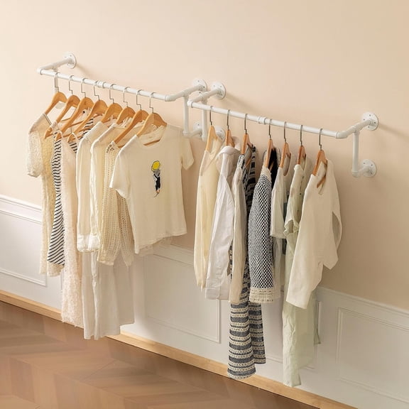 Wall Mounted Industrial Pipe Clothing Rack Heavy Duty Space Saving Garment Rod White 2 Pack