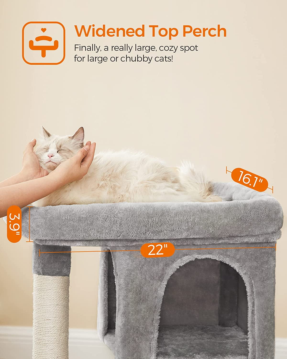 Cat Tree 33.1-Inch Cat Tower for Large Cats up to 16 lb, Large Perch, 2 Cat Caves, Scratching Post, Light Gray