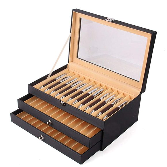 Boîte d'Affichage pour Stylos 36 Pcs en Flanelle de Cuir Noir, Boîte de Rangement pour Stylos en Verre avec Couvercle, Fenêtre en Verre Supérieure à Trois Niveaux avec Tiroir (Noir)