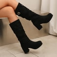 thumbnail image 3 of Womens Platform Boots Casual Suede Slouchy Pull on Mid Calf Winter Booties Block Heel Buckle Strap Dress Long Boots Black Size 9, 3 of 6