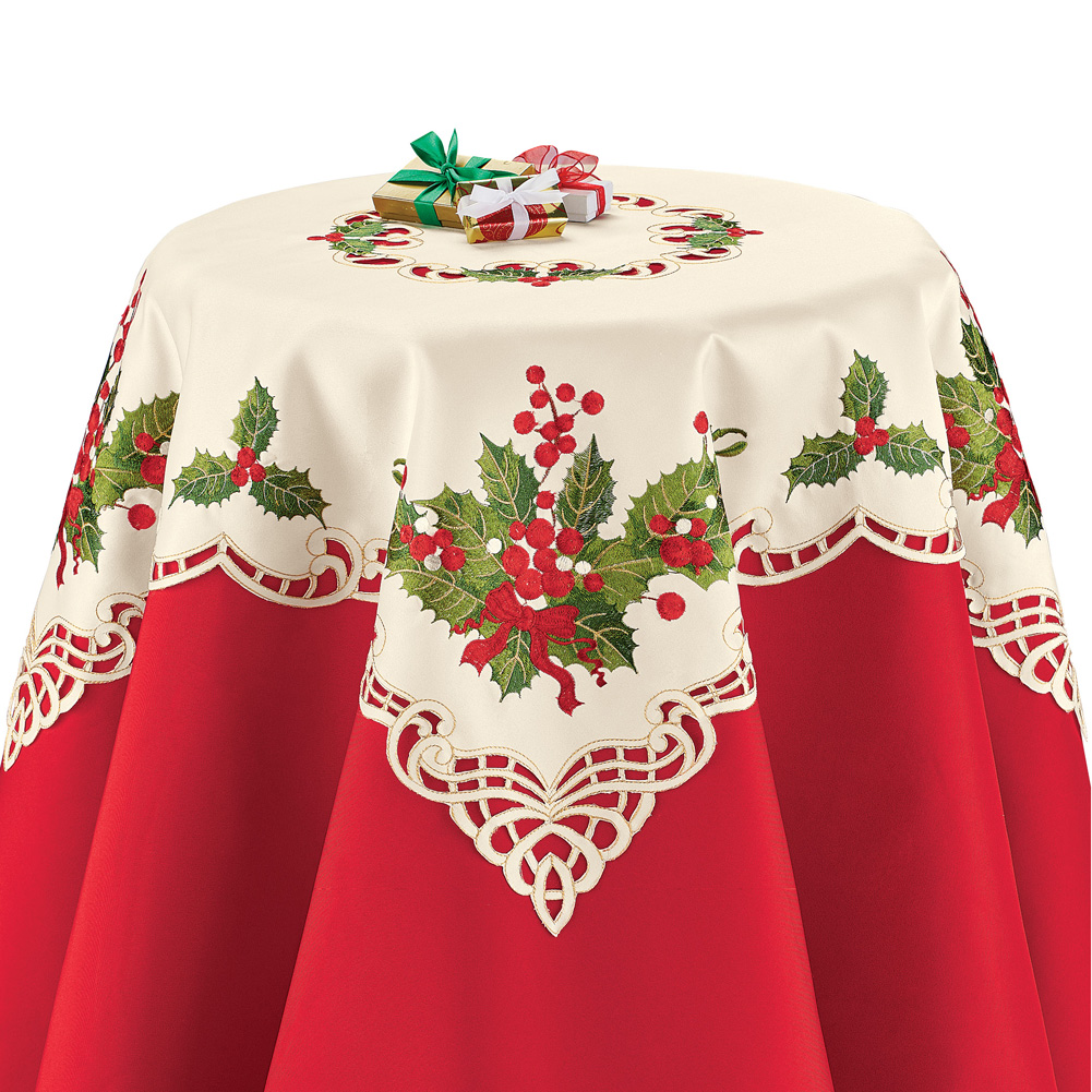 Christmas Holly Table Topper Linens, Embroidered Details and Lace