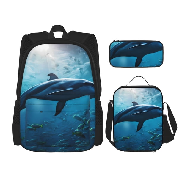 Easygdp Ocean Dolphin Fish School Mochila para Niños y Niñas con Set de Caja de Almuerzo y Estuche para Lápices 3 en 1, Mochila Escolar Estampada para Adolescentes