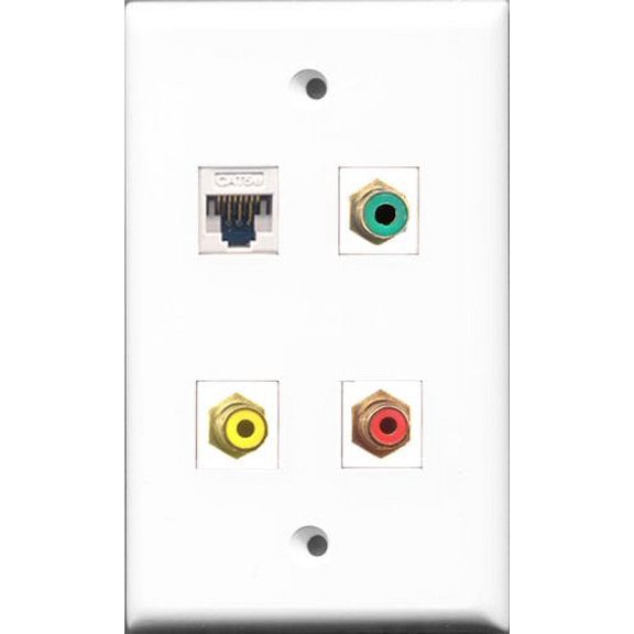 RiteAV 1 Port RCA Red and 1 Port RCA Yellow and 1 Port RCA Green and 1 Port Cat5e Ethernet White Wall Plate