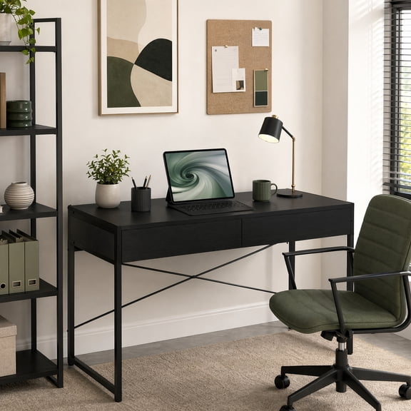44" Industrial Computer Desk with 2-Drawer, Study Writing Desk with Steel Frame for Home Office,Black