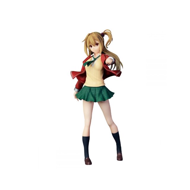 figura de colección banpresto yuri amagake battle in 5 seconds after meeting pvc 22.9 cm Figura Banpresto de Yuri Amagake de 22.9 cm; vista frontal de cuerpo entero en pose desafiante. Vestido escolar multicolor: suéter beige, falda verde plisada, saco rojo abierto, calcetas largas azul marino y zapatos cafés. Fabricada en PVC, sin articulaciones, nueva en caja original, para coleccionistas. También suele usarse como pieza de exhibición en vitrinas de colecciones de anime.
