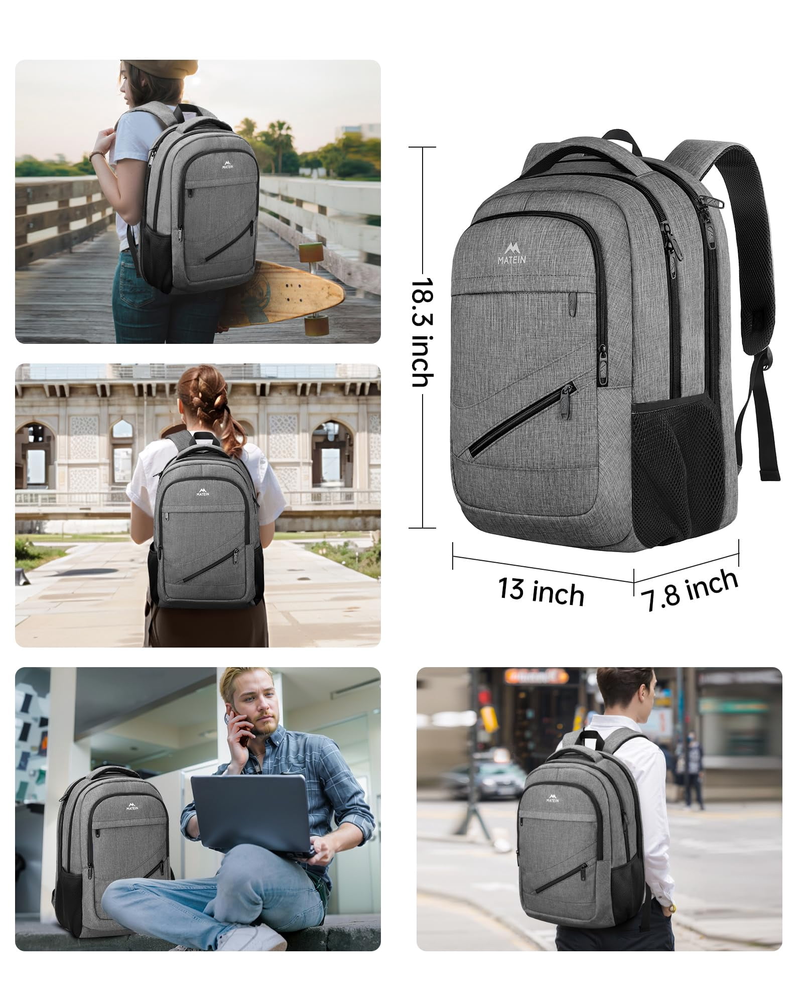 Matein Travel Backpacks for Adults, TSA Approved Carry on Work Backpack with Trolley Sleeve and Anti Theft Pocket, 30L Capacity, Gray