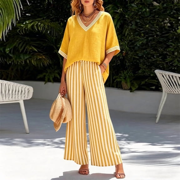 Morttic Women's V-Neck Top and Striped Wide Leg Pants Set – Relaxed Fit 2 Piece Casual Suit, Spring Summer Wear Yellow,S