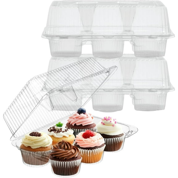 EcoQuality 6 Compartment Clear Hinged Muffin Clamshell Container, Disposable Takeout Tray 9.56 x 6.93 inch for Muffins, Cupcakes, Desserts, Catering, Restaurant, Food Packaging (25)