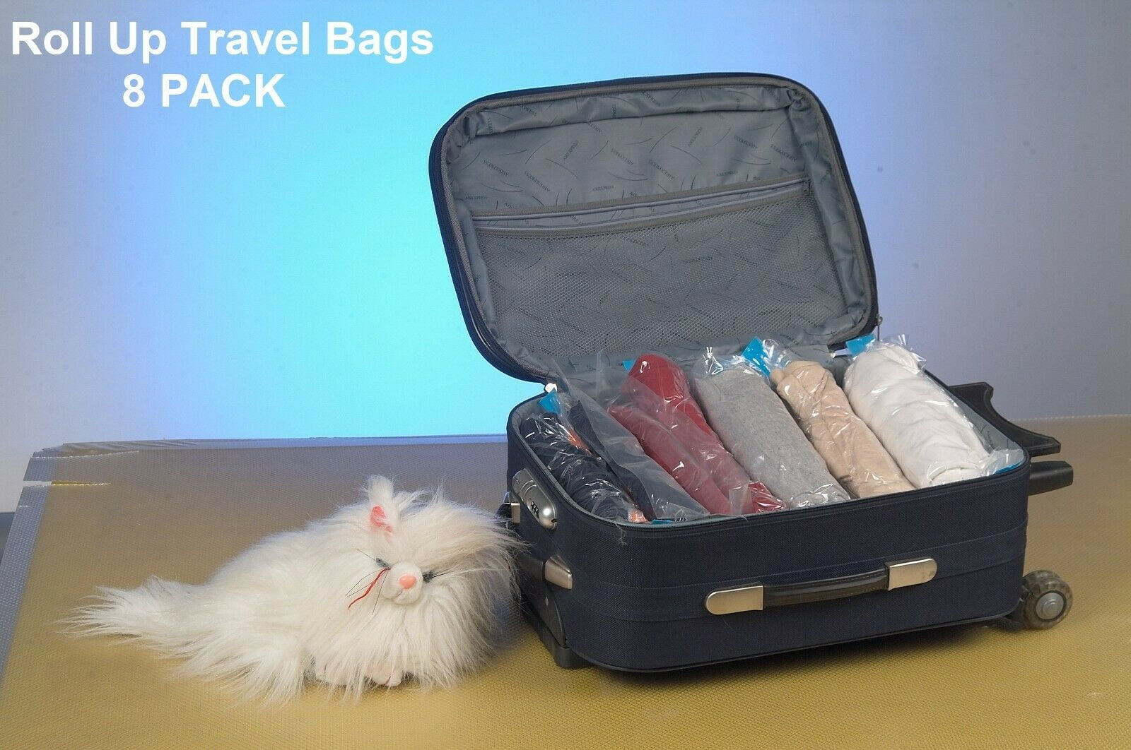 16 Pack Combo: 8 Large Space Saver Vacuum Bags + 8 Travel Roll-Up Bags for Wardrobes & Closets