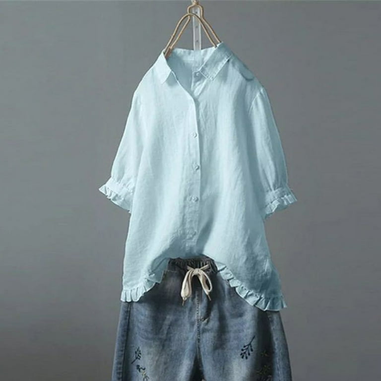 Long Sleeve Shirts for Women Dressy Cute Ruffle Hem Collar Shirts Junior Solid Blouses Crewneck Casual Babydoll Top
