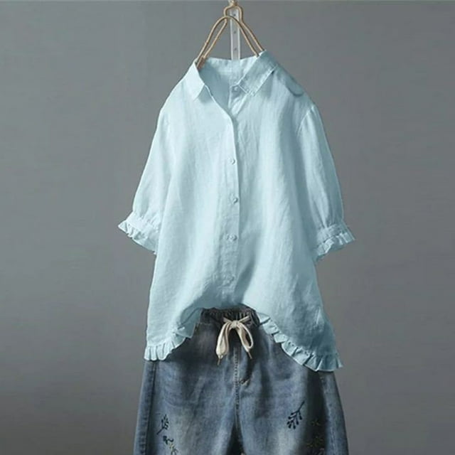 BVOFAR Women's Cotton Linen Button Down Shirts Summer Solid Color Blouses Trendy Casual 3/4 Sleeve Tops Ruffle Hem Plus Size T-Shirts