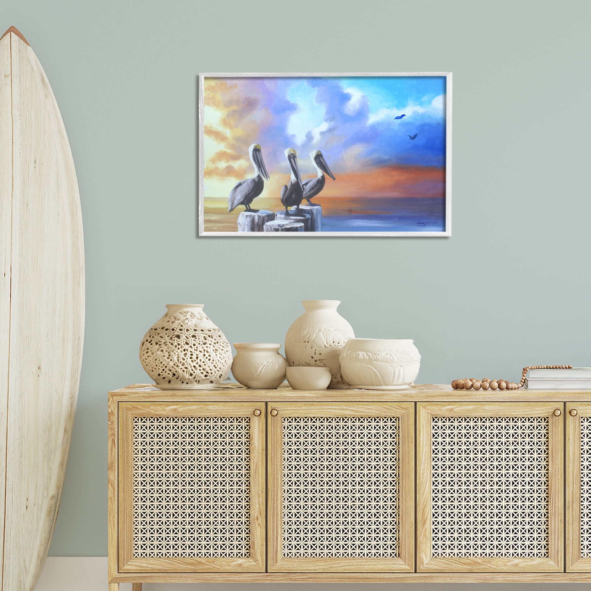 Stupell Industries Vivid Pelican Trio Landscape Painting White Framed Art Print Wall Art, 30 x 20