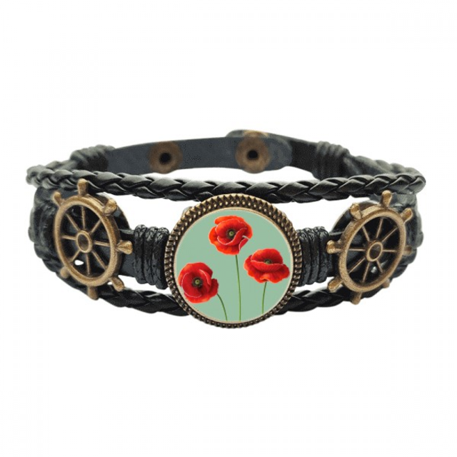 Pintura del arte de Corn poppy flores rojas Pulsera marina tejida en cuero
