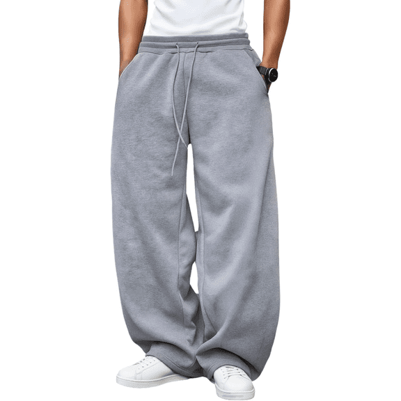 NICELF Men's Baggy Sweatpants Fleece Wide Leg Pants with Pockets & Elastic Drawstring Waist, Casual Comfy Loose Fit Cotton Joggers, Grey