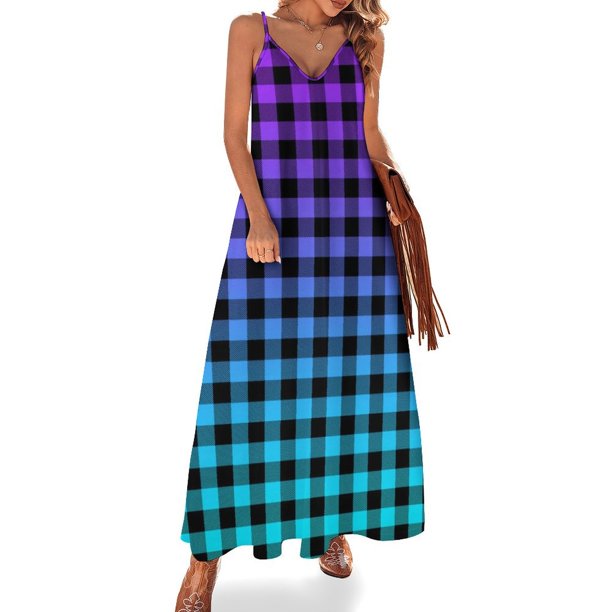 Vestido a cuadros azul y amarillo, estilo retro, estilo cuadros, para fiesta, maxivestido con escote en V, estilo bohemio, para playa, con tirantes, ropa de gran tamaño
