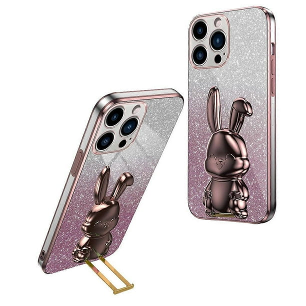 For iPhone 16 Pro Max Case Electroplating Glitter Rabbit PC+TPU Phone Cover with Kickstand - Black