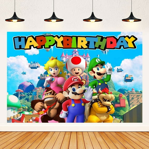 Anime Mario Happy Birthday Anime Cartoon Theme Backdrops Banner Birthday Party Decor Supplies,5.9x3.6ft