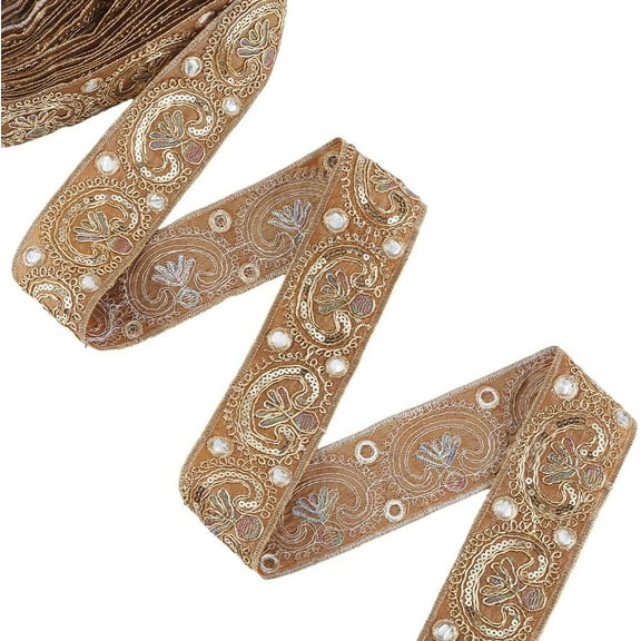 10 Yards 2 Inch Brown Jacquard Ribbon Sequin Bead Flower Embroidered Woven Fabric Applique Ribbons Boho Floral Embroidery Trim Tape