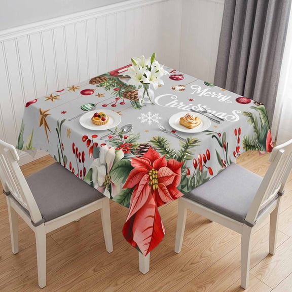 Merry Christmas Table Cloth Waterproof Tablecloths, Poinsettia Xmas Tree Snowflake Winter Tablecloth Dining Table Cover for Kitchen Party Tabletop Outdoor, Square Tablecloth 54x54 Inch