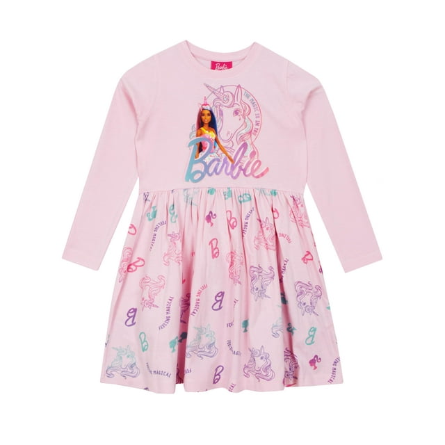 Vestido Barbie de manga corta con unicornio para patinadora rosa para niñas 4