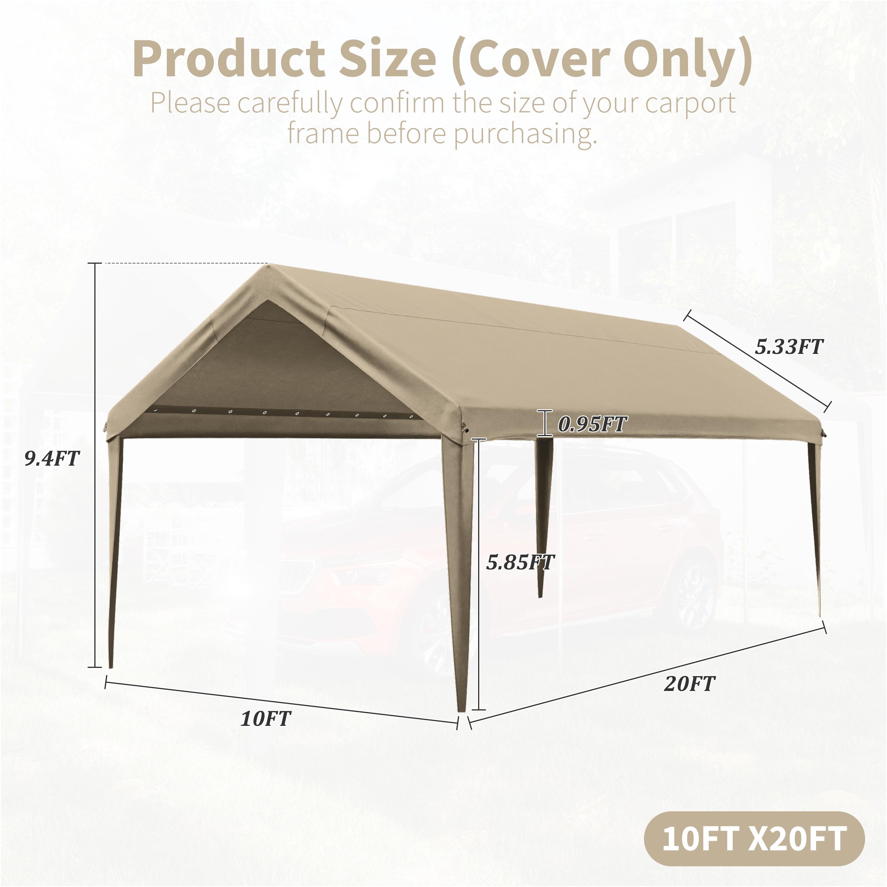 Pakunoda 10' X 20' Carport Canopy Replacement Cover, Portable Car Garage Shelter Party Top Tent with 34PC Ball Bungees, Sand (Only Cover, Frame Not Included)