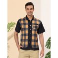 thumbnail image 2 of Lars Amadeus Camisa a cuadros de patchwork para hombre, manga corta, con botones, color block Amarillo negro S, 2 of 6