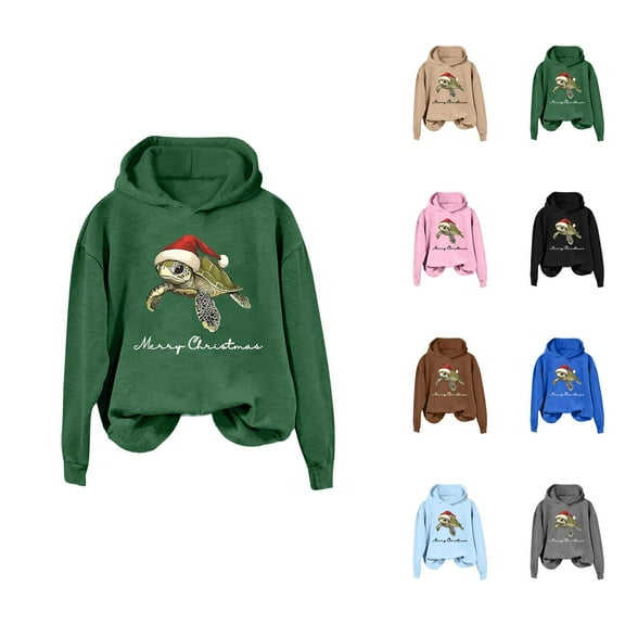Merry Christmas Hoodies for Women 2025 Long Sleeve Sea Turtle Graphic Hooded Sweatshirt Pullover Tops