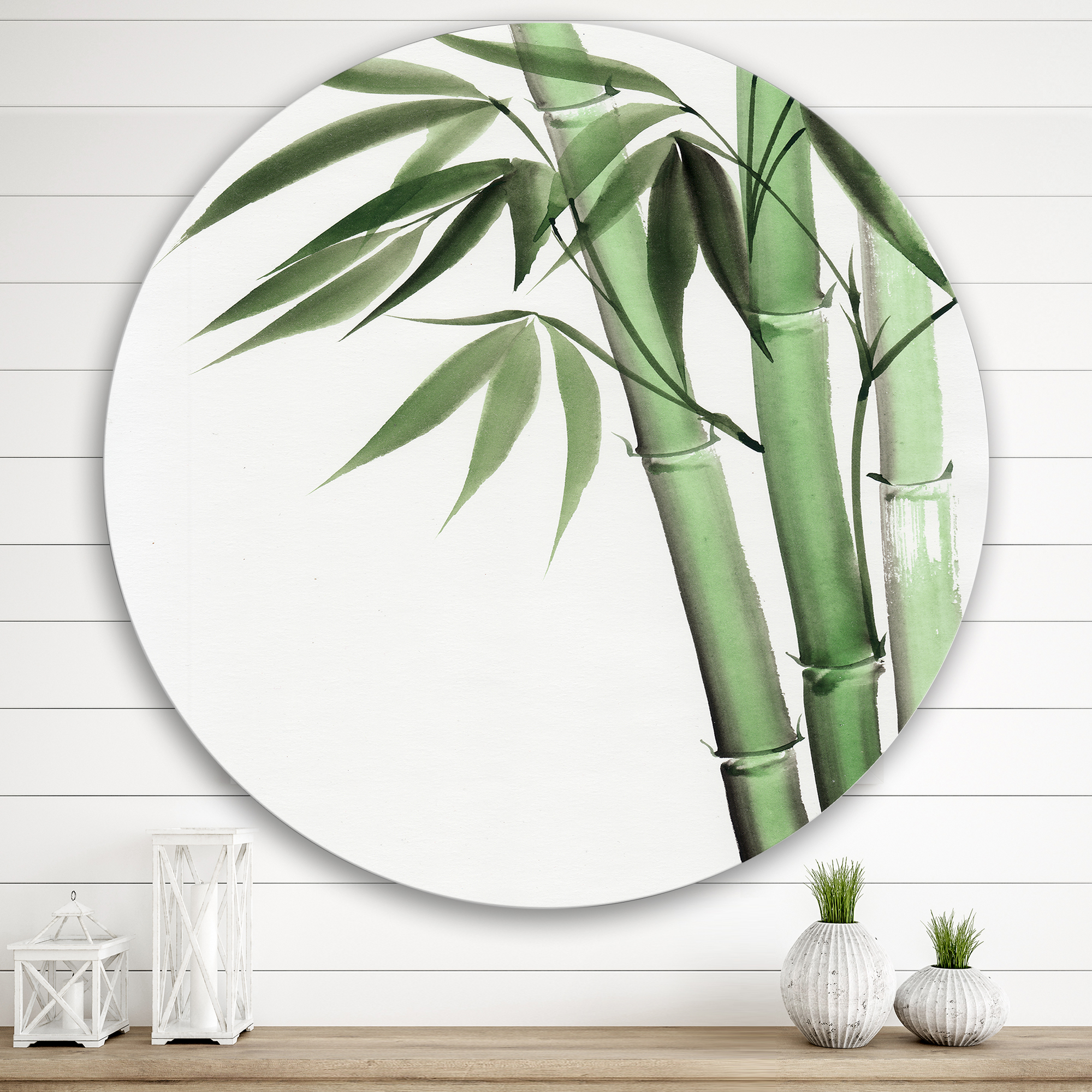 Designart 'Palm Bamboo Detail On White II' Traditional Circle Metal Wall Art 29x29 - Disc of 29