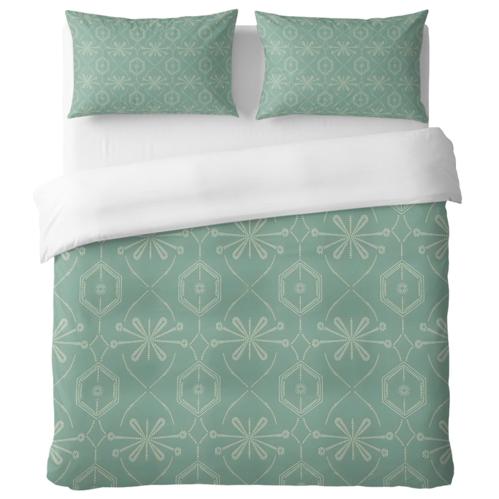 Romantic Bead Dot Flora King Duvet Cover Set French Country Hexagon Sage Green Decorative 3 Piece Bedding Set with Zipper Closure Soft Breathable Microfiber Comforter Cover & 2 Pillowcases