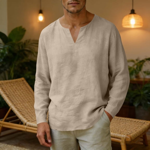 Men’s Linen Casual Shirt Long Sleeve V Neck Solid Cotton Beach Vacation Button Down Relaxed Top 60 Cotton 40 | Zenithor,Khaki L