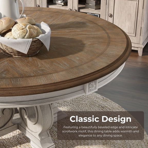Bowery Hill Rustic Wood Round Dining Table in Antique White Finish