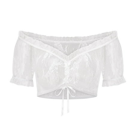 

asdoklhq Sports Bras for Women Hot Girl Style Short White Lace Bottoming Shirt Summer V-neck Sweet Crochet Top