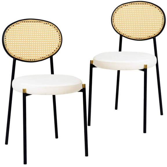 LeisureMod Velvet Dining Chair Armless Rattan Back Side Chair Modern Accent Chair Padded Seat Kitchen Chair with Powder-Coated Stainless Steel Base Euston Collection in Beige, Set of 2