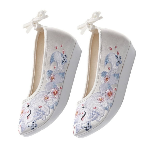 FONDOTIN 1 Pair Chinese Costume Shoes Hanfu Style Slope-heel White Cotton Cloth for Women Performance