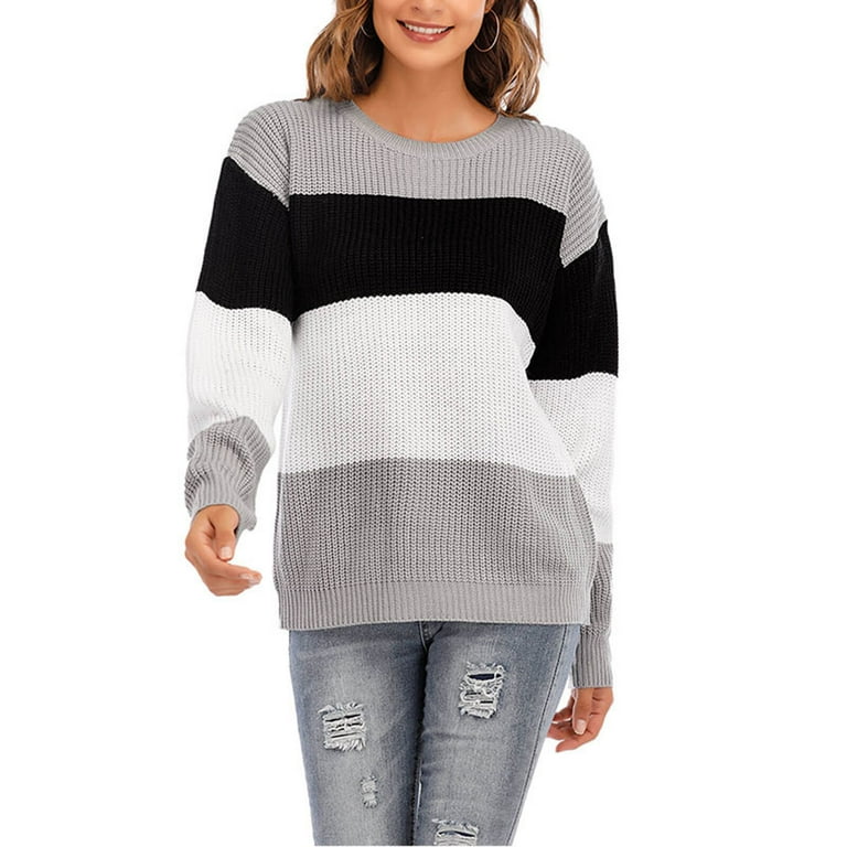Women s Crewneck Color Block Striped Sweater Long Sleeve Loose