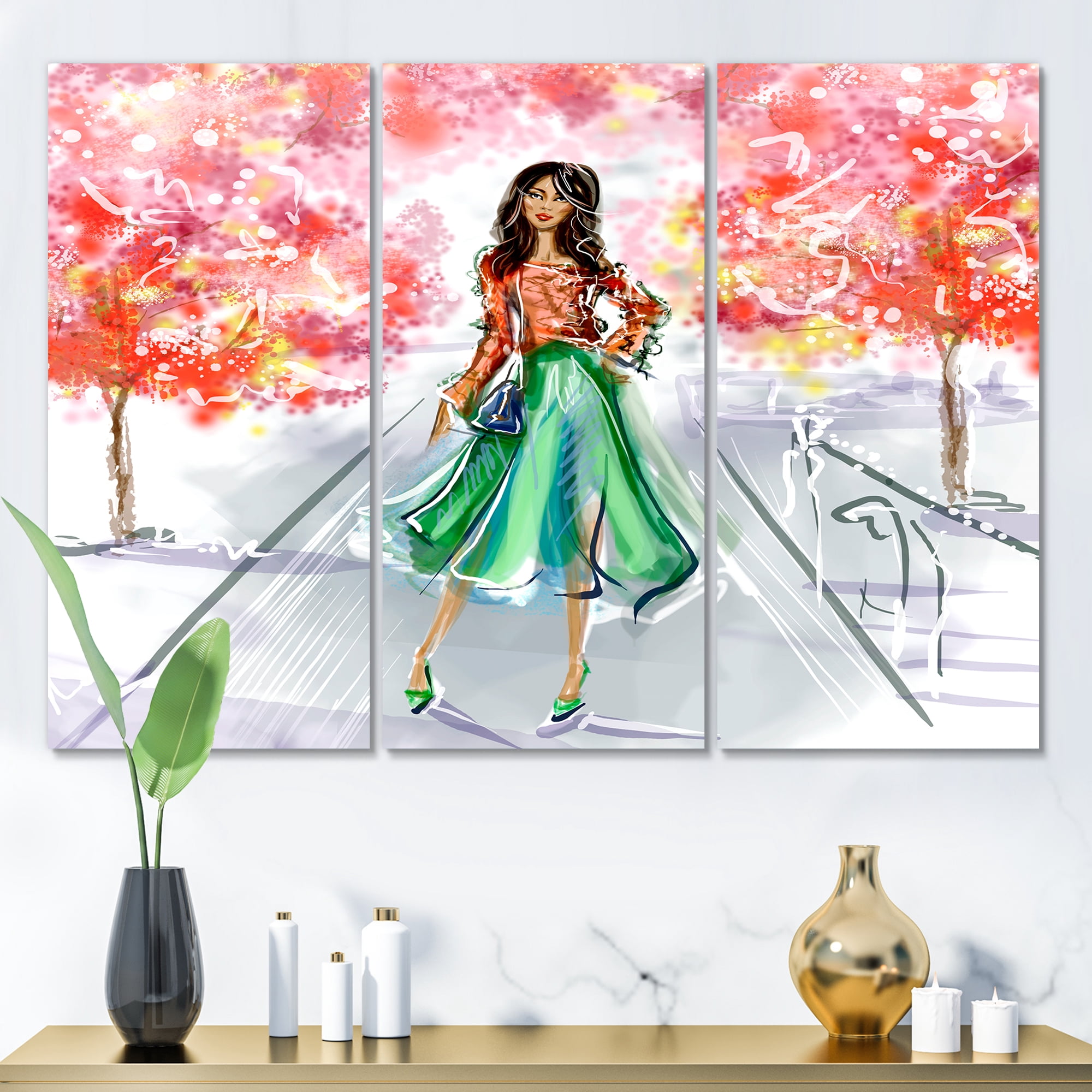 Designart ' Beautiful Woman Wearing Fashionable Clothes In Park ' Traditional Canvas Wall Art Print