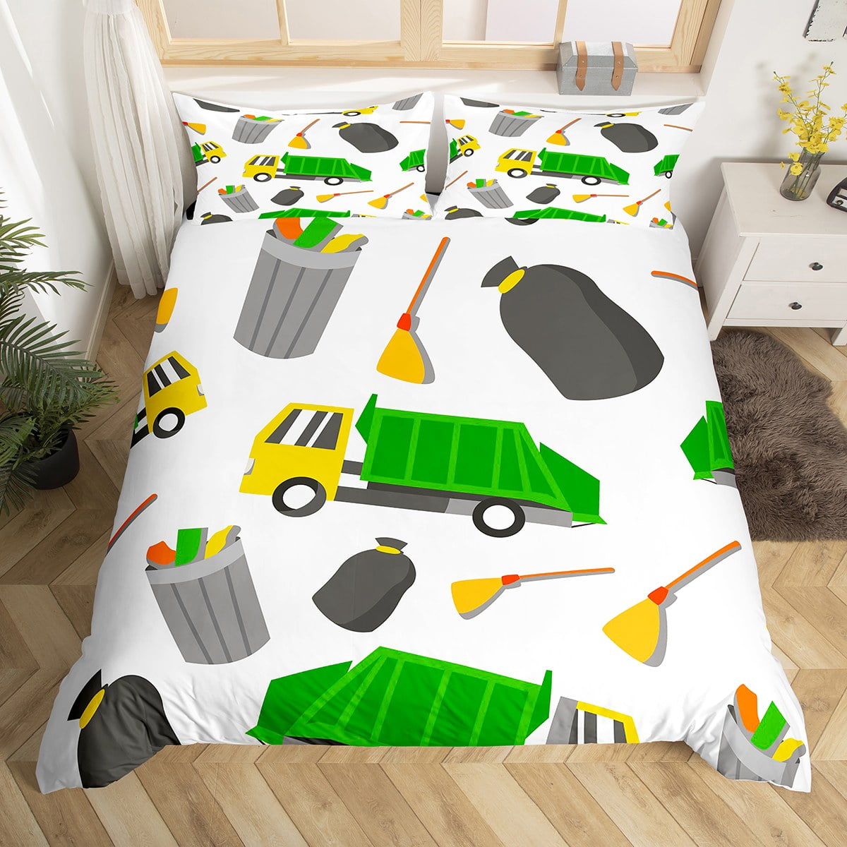 Kids Cartoon Car Duvet Cover for Boys,Green Garbage Truck Comforter