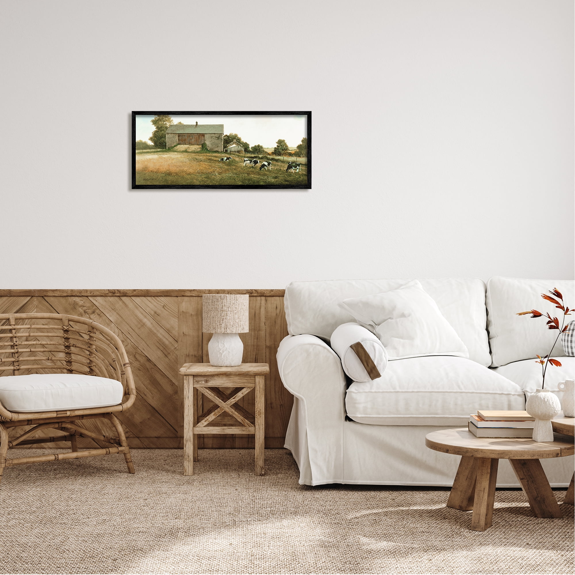 Stupell Industries Traditional Cows Grazing Animals & Insects Painting Black Framed Art Print Wall Art, 30 x 13